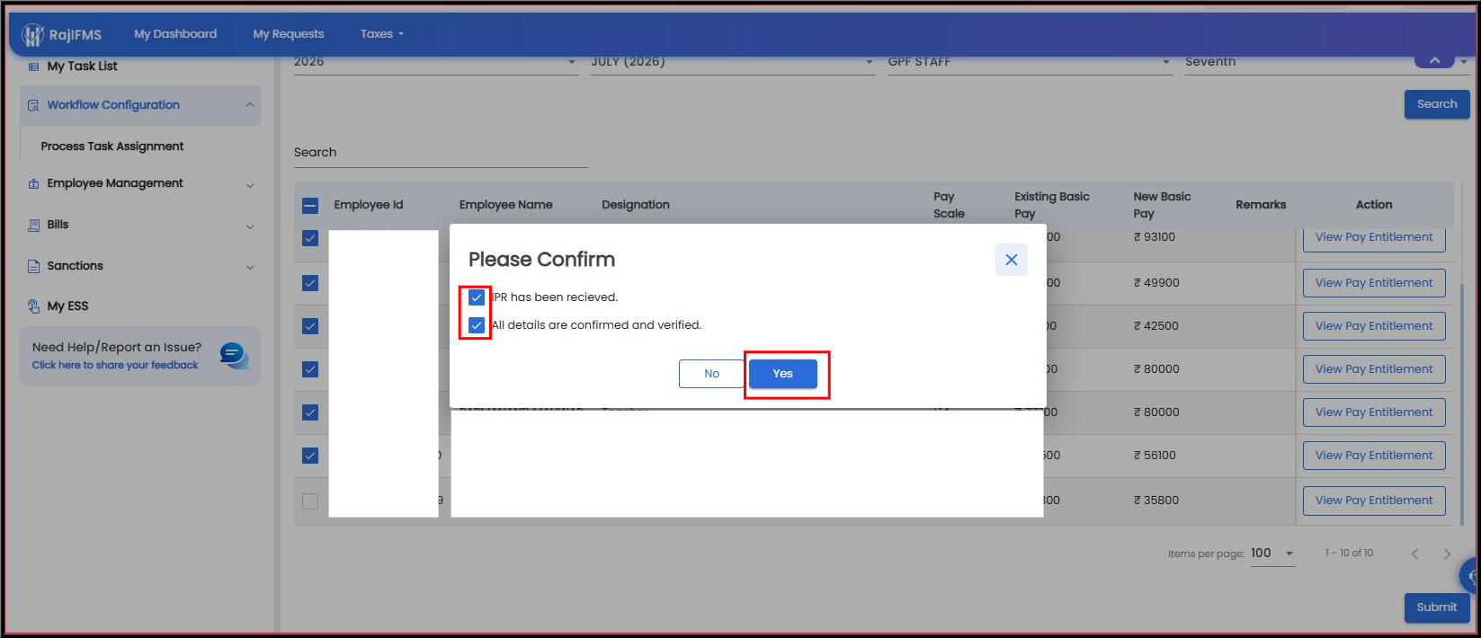Confirmation Checkboxes Screen